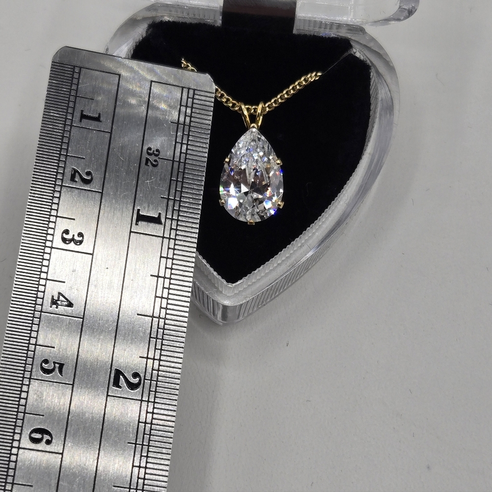 Gold Necklace with Clear Cubic Zirconia Teardrop Pendant Non-Tarnish - Picture 4 of 5